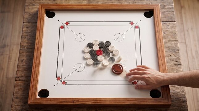 High Speed Carrom Break with Striker and Scattering Coins