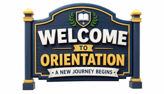Decorative blue wooden sign saying welcome to orientation with gold accents and a white book icon