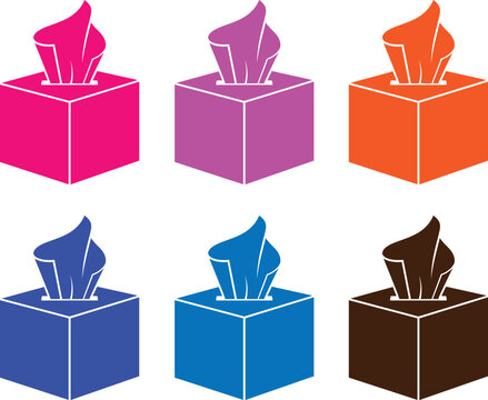 Colorful tissue box collection featuring six different cube containers with paper sheets dispenser colorful collection cleaning illustration isolated