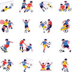 Fototapeta premium Flat soccer illustrations featuring goalkeeper saves, player duels, goals, celebrations, defeats, victories, tactical plays, teamwork, training, and goalkeeper positions. 