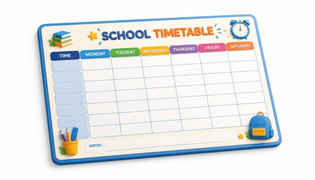 Colorful weekly school timetable planner featuring cute 3d stationery icons on a clean white background