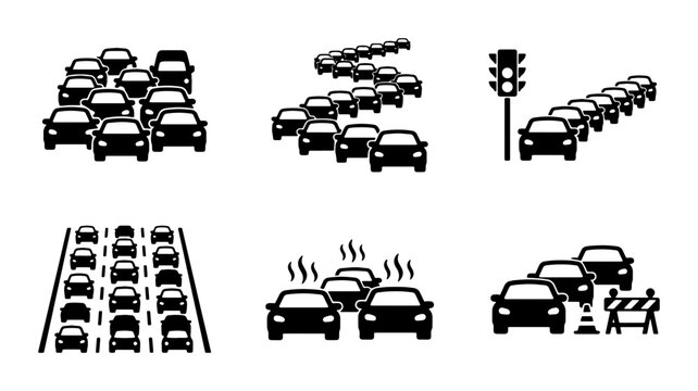Traffic Jam Icons Set: Congested Roads, Cars, Traffic Lights, Gridlock, Congestion, Roadblocks, Vector Art