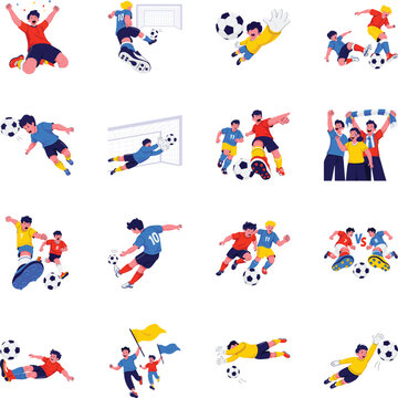 Flat soccer illustrations featuring goal celebrations, penalty kicks, goalkeeper saves, tackles, headers, cheering fans, defensive actions, sliding tackles, and match moments. 

