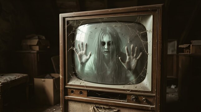 Terrifying pale ghost girl trapped inside an old vintage television set with cobwebs