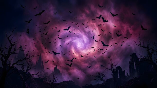 Swarm of bats flying into a mystical purple vortex in a dark night sky