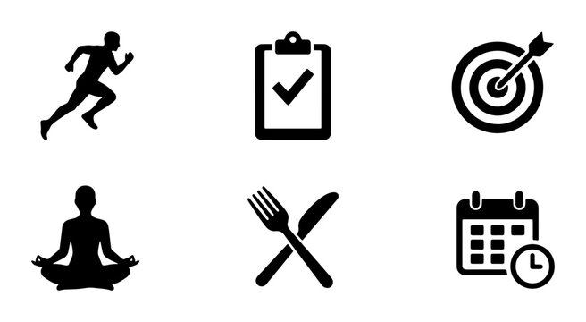 Fitness and Health Icons: Running, Yoga, Diet, Goals, Schedule, Checklist Vector Set