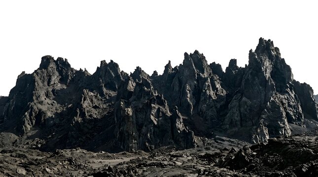 Jagged volcanic mountain range isolated on white background