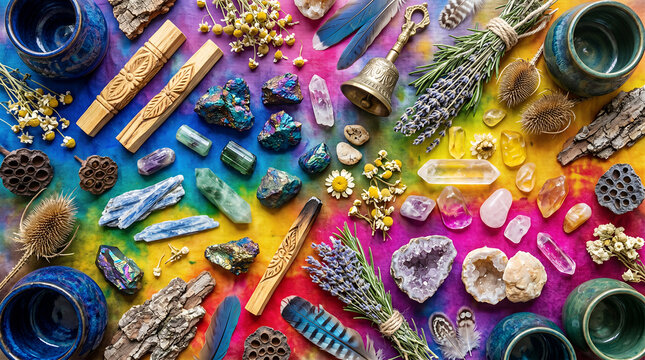Flat lay of crystals, dried herbs, feathers, and ritual on a vibrant, multicolored tie-dye fabric background, overhead view