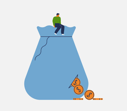 man sitting on the big bag with money and watching how coins falling from the hole. financial loss, recession, and bankruptcy. Lost savings concepts. vector illustration