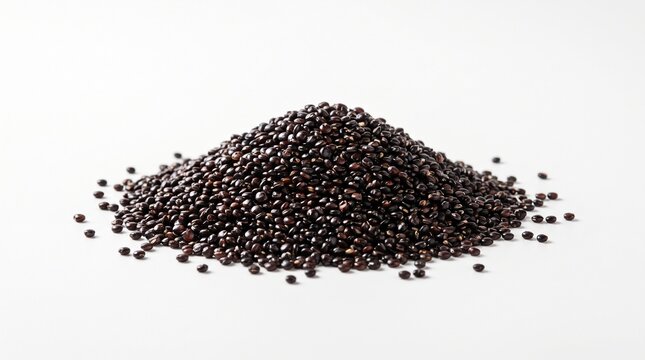 Raw Black Quinoa Seeds Heaped on Clean White Background, Healthy Organic Superfood Ingredient