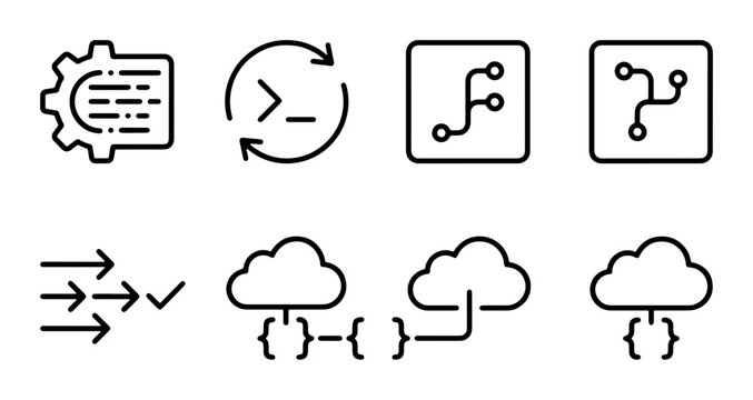 Abstract Technology Icons: Cogwheel, Code, Circuit, Cloud, Data Flow, 8 Vector Elements