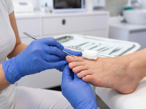 Podiatrist in blue gloves performing a toenail treatment using a metal curette tool on a patient's foot in a clinical setting