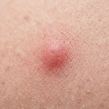 Close up of a single swollen mosquito bite on human skin background, inflamed insect sting macro texturing