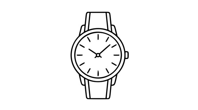 Classic wristwatch vector icon, clean hand-traced outline illustration with dial, hands, strap, and tick marks, minimalist black line timepiece symbol for fashion, scheduling, lifestyle, punctuality