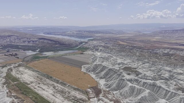 Drone Footage of Nallihan Bird Sanctuary and Rainbow Hills in Ankara Turkey Showing Wetlands and Colorful Geological Landscape