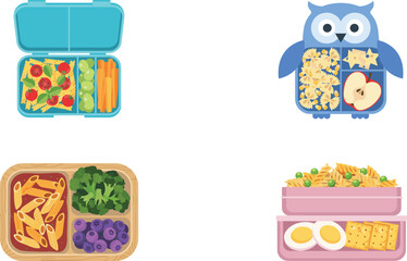 Fototapeta premium Healthy Kids Lunch Box Vector Set Featuring Bento Boxes Packed with Pasta, Fresh Broccoli, Blueberries, Boiled Eggs, Crackers, and Apple Slices