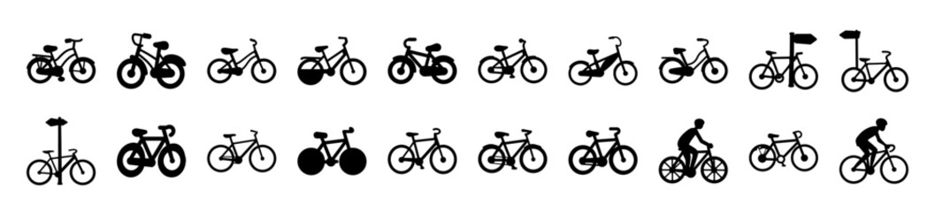 Obraz premium Assorted bicycle icons in a row - A clean set of simple bicycle icons arranged horizontally in a single row, perfect for web design or infographics.