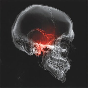 Transparent skull hologram highlights temporal bone in glowing red.