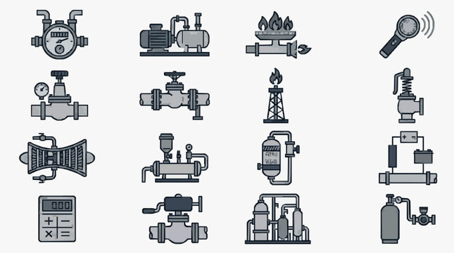 Elegant Monochromatic Collection of Industrial Valves Meters and Equipment Icons for Technical Diagrams