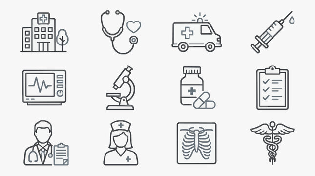 Modern Black and White Line Icons Set Featuring Healthcare Medical Professionals and Equipment with high quality professional line art symbols for modern creative design and digital branding projects