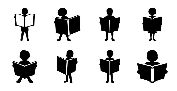 People reading books in various poses - Black and white vector icons showing individuals reading books in different relaxed postures and stances.