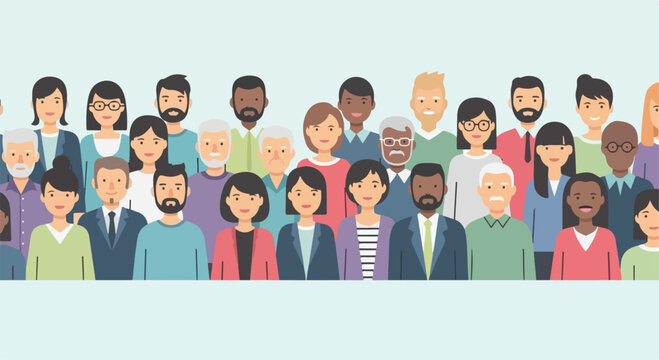 Diverse group of people avatars, multicultural community of men and women, flat vector illustration of a large crowd of smiling characters
