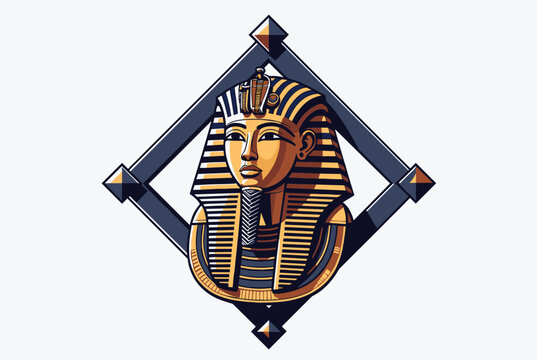 Golden funerary mask of King Tutankhamun from ancient Egypt presented within a dark geometric diamond frame.