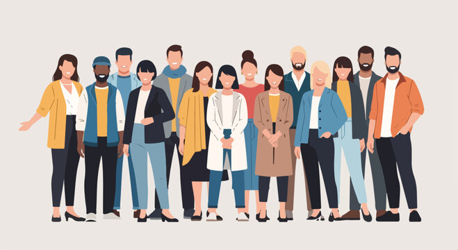 Diverse group of people standing together, multicultural community of men and women, flat vector illustration of a large crowd