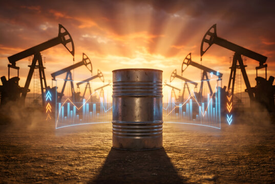 Oil barrel near pumpjacks at sunset with digital stock market graph and arrows symbolizing financial volatility
