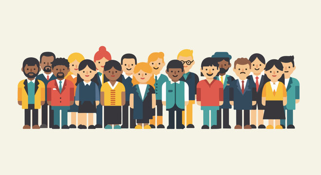 Diverse group of people icons in flat vector style, multicultural community of smiling professional characters, large crowd of men and women