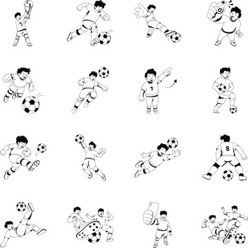 Glyph soccer illustrations showing trophies, dribbling, crosses, referee actions, rebounds, headers, tactical plays, player skills, bicycle kicks, fouls, and yellow card moments. 

