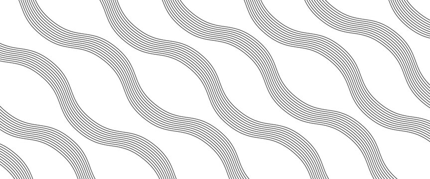 Abstract Black and White Diagonal Wavy Lines Pattern Background, Minimalist Geometric Smooth Ribbon Waves and Curved Stripes Vector Texture for Modern Banner and Wallpaper Design