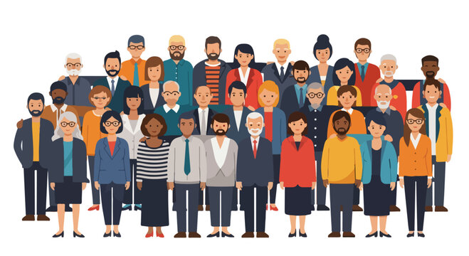 Diverse multicultural community of people, large group of men and women in casual and business attire, flat vector illustration of a crowd