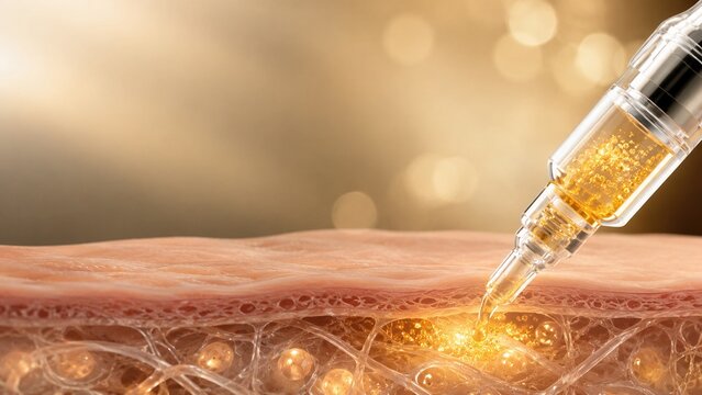 Microscopic representation of serum injection delivering golden nanoparticles beneath healthy human skin layer cells illustration