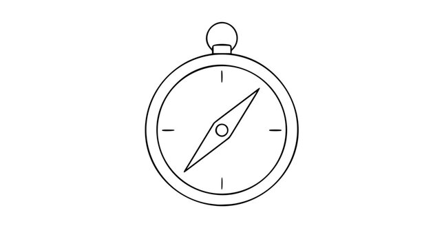 Minimal hand-drawn compass navigation vector icon with clean black outline, circular dial, needle pointer, simple travel direction symbol for maps, wayfinding, adventure apps, web and print design