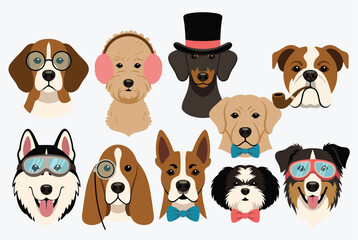 Obraz premium Grid of various dog breeds wearing fun accessories like glasses, hats, earmuffs, pipes, and goggles for a humorous animal portrait.