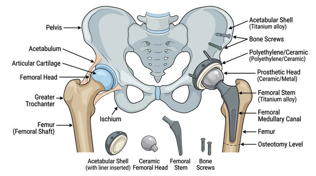 Hip Joint Anatomy and Replacement Diagram