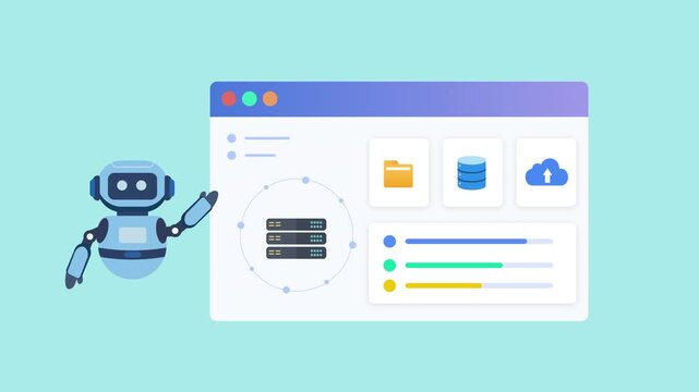 Flat vector illustration of a robot assistant beside a cloud database dashboard with server, folder, and cloud icons, representing cloud infrastructure, storage, and workflow automation.