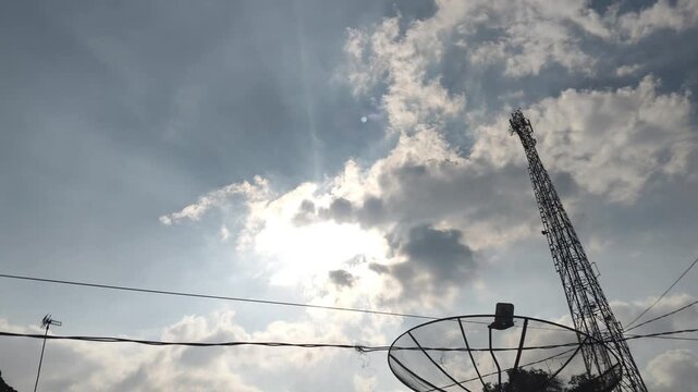 footage of satellite dish antennas and telecommunications towers with the evening sky in the background