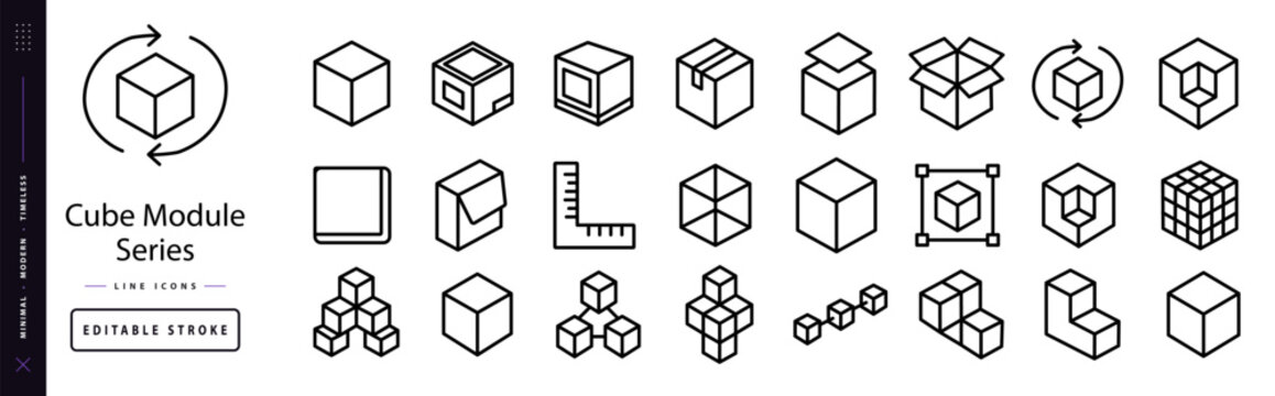 Cube Module Series. Line icon set of Cube: cube, module box, geometric block, product package, top cube, dimension frame, rotating cube, size ruler, square tile, perspective cube, wireframe block,