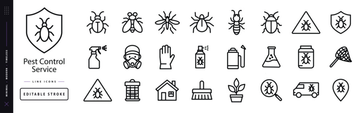 Pest Control Service. Line icon set of Pest: bug, fly, mosquito, tick, termite, beetle, spray bottle, technician mask, protective glove, warning triangle, house, garden plant, farm field, insect trap,