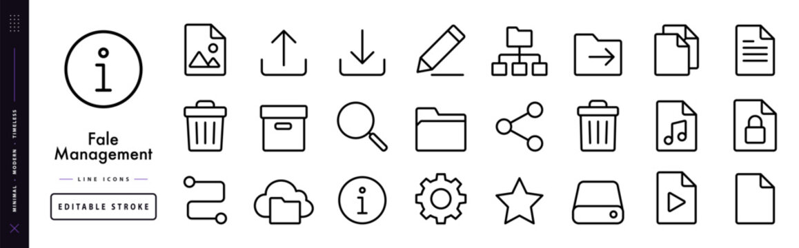 File Management Lines. Line icon set of file system: folder, document, download arrow, upload arrow, directory tree, text file, image file, video file, audio file, edit pencil, copy sheets, move
