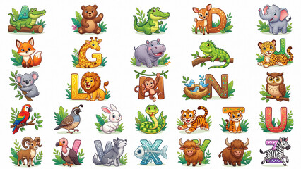 Obraz premium Cute watercolor animal illustrations and clipart collection for kids nursery, alphabet elements, forest animals, and playful designs