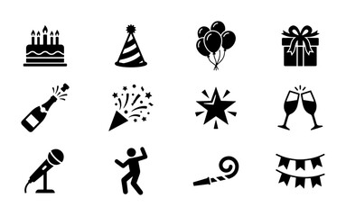 Obraz premium Celebration Icons Vector Set: Birthday Cake, Party Hat, Balloons, Gift Box, Champagne, Confetti Popper, Starburst, Toasting Glasses, Microphone, Dancer, Party Blower, Bunting Flags