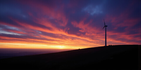 Obraz premium Wind Turbine Silhouette at Dawn Lone turbine on a hill outlined against a gradient sky transitioning from deep violet to