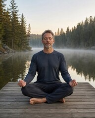 Fototapeta premium Man meditating on wooden dock beside calm forest lake