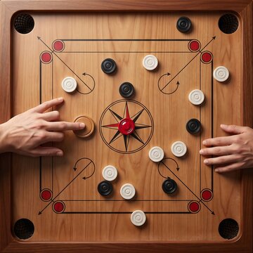 Top View of Traditional Carrom Board Game with Players, Striker and Red Queen on Wooden Board