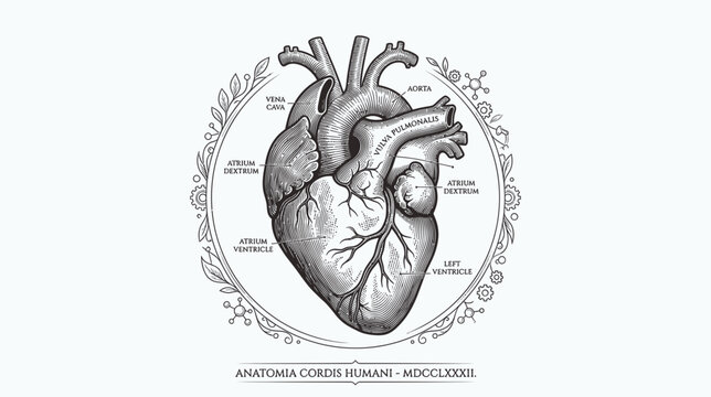 Vintage Anatomical Heart Diagram with Floral Border and Scientific Labels