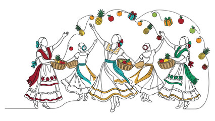 Naklejka premium Continuous line art illustration of traditional Mexican dancers holding fruit baskets