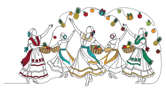 Continuous line art illustration of traditional Mexican dancers holding fruit baskets